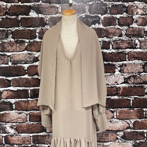 Rosche Dress Tan Maxi Long Sleeves V-Neck Pleated Semi Sheer Size Large Brown - Picture 7 of 13